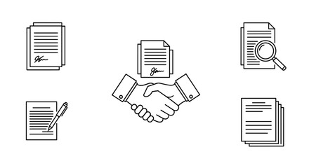 A set of five business contract line icons on a black background, featuring a handshake with a document, a document with a magnifying glass, a document with a pen, and stacks of documents