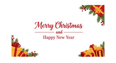 Festive Merry Christmas and Happy New Year greeting card design with vibrant red and yellow gift boxes, pine branches, and holly berries, perfect for invitations, banners, and seasonal marketing