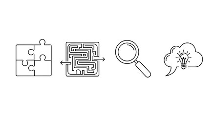Outline icon set for problem-solving workshops, featuring a puzzle piece, a maze, a magnifying glass, and a brainstorming cloud, symbolizing collaboration, strategy, analysis, and idea generation in