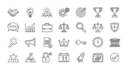 A comprehensive collection of outline icons representing key aspects of management, administration, supervision, leadership, business, and governance, featuring editable strokes for versatile