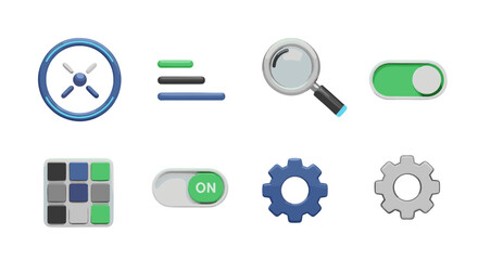 A vibrant 3D icon set for user interfaces, featuring interactive elements like a menu, search magnifying glass, toggle switches, settings gears, and a grid layout, all rendered with a modern, clean
