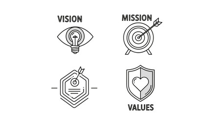 Vision, Mission, and Values: A set of editable stroke outline icons representing core business concepts, isolated on a clean white background. This flat vector illustration features pixel-perfect