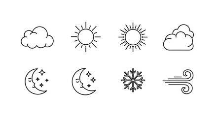 Set of minimalist line art weather icons, including clouds, sun, moon with stars, snowflake, and wind, presented on a black background, perfect for weather forecasts, meteorological apps, and