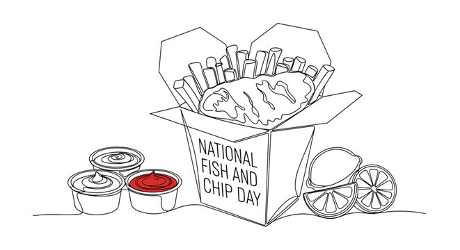 Continuous line drawing of classic fish and chips served in a takeaway box with sauces and lemon slices, representing National Fish and Chip Day, a popular British meal, presented in a minimalist - Powered by Adobe