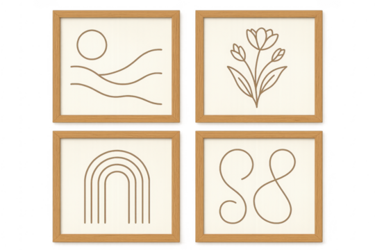 Boho minimalist framed wall art line drawing set