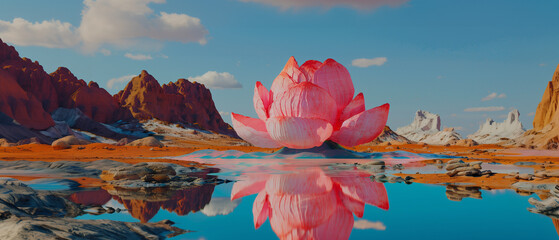 Surreal blooming lotus in alien desert with reflections in water — dreamlike fantasy landscape, perfect for branding, digital campaigns, posters and concept art