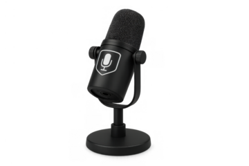 Studio microphone on stand creating vocal audio for podcast recording and streaming, transparent background