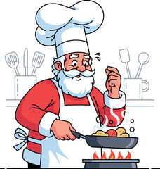 Cartoon Santa Claus dressed as a chef cooking food in a pan.