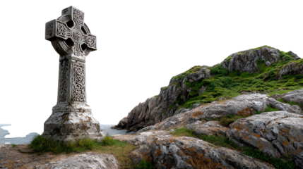 Ancient Celtic Cross on Rocky Outcrop: A weathered Celtic cross stands proudly upon a rugged, moss-covered outcrop, overlooking the serene expanse of the sea.