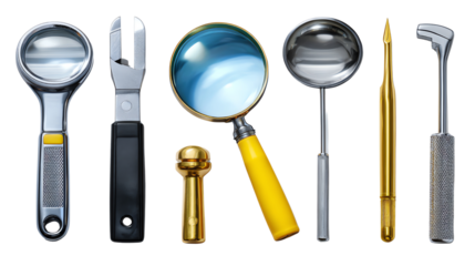 Assorted Kitchen Tools: An array of polished metal and practical tools, essential for culinary endeavors. From the gleam of a magnifying glass to the utilitarian beauty of a can opener.