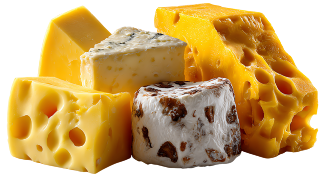 A Variety of Cheeses: An appetizing selection of various cheeses, each piece showcasing unique textures and colors, arranged in an artful composition, ready to tantalize the taste buds.