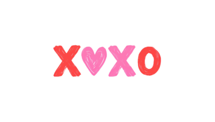 A simple and stylized graphic illustration of hand-drawn XOXO text with a pink heart symbol for love, romance and affection