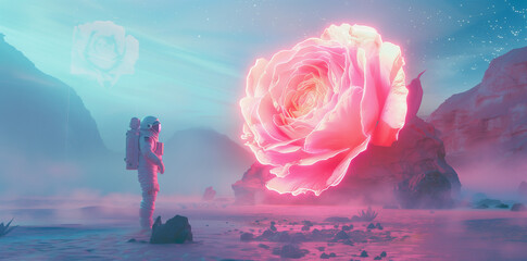 Astronaut standing before a colossal glowing rose in surreal alien landscape, dreamlike cosmic fantasy. Perfect for branding, advertising, book covers, concept art, and futuristic design projects.