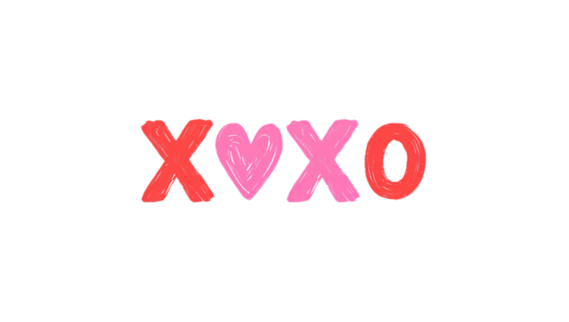 A simple and stylized graphic illustration of hand-drawn XOXO text with a pink heart symbol for love, romance and affection