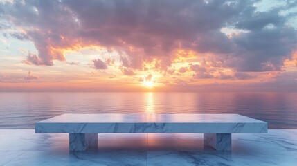 Fototapeta premium Majestic marble table set against a breathtaking sunset over the serene ocean creating a peaceful and elegant backdrop for product showcasing or lifestyle imagery