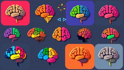 Fototapeta premium Collection of colorful flat-style brain icons, various shapes and designs, organ, artificial intelligence