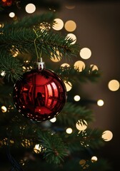 Fototapeta premium Close up of a shiny red glass ball ornament hanging on a festive green pine branch with sparkling, blurred holiday lights in the background ,wintertime ,evergreen ,winter