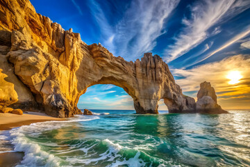 A photograph of a breathtaking natural rock archway dramatically framing the turquoise ocean