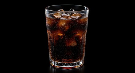 Ice cold cola drink in a clear glass with condensation, perfect refreshment for fast food meals like burgers and fries ,side ,lunch ,chilled
