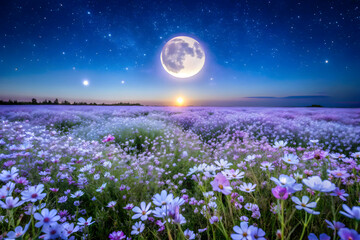 A photograph of a vibrant field blanketed in a sea of purple and white wildflowers under the glow of a full moon