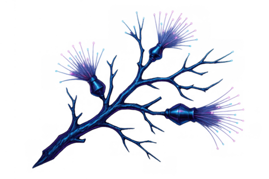 Fantasy alien plant with glowing fiber optic branches and purple blossoms, isolated on transparent background