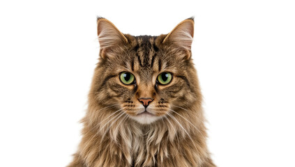 Obraz premium A detailed high-resolution portrait of a domestic long-haired tabby cat with striking green eyes, captured against a clean white background