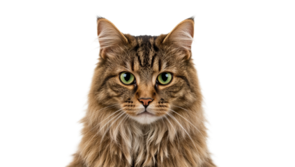 A detailed high-resolution portrait of a domestic long-haired tabby cat with striking green eyes, captured against a clean white background