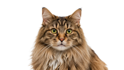 Close-up portrait of a fluffy Maine Coon cat with striking green eyes, captured in exquisite detail against a clean white background