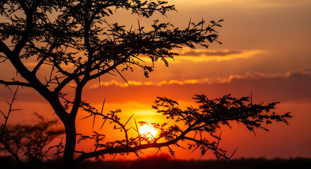 Golden Hour Silhouette: Captivating silhouettes of a tree set against a backdrop of a fiery sunset, painting the sky with vibrant hues, evoking a sense of calm and the raw beauty of nature.