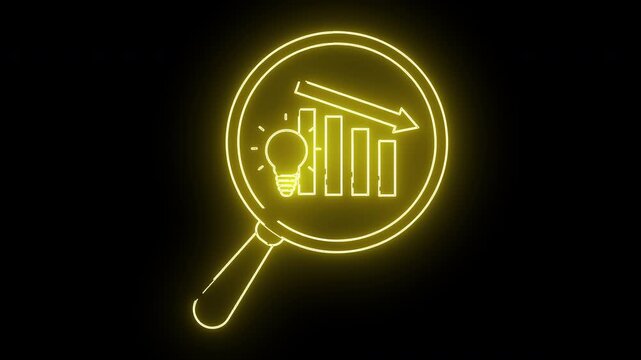 A neon yellow magnifying glass showing a light bulb and decreasing bar graph on a black background