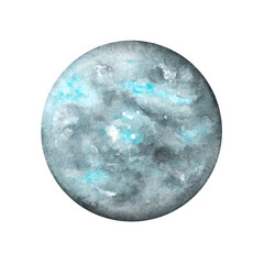 Mercury planet watercolor illustration. Planet illustration. Solar system. Universe, space, galaxy, planet. Atlas. Astronomy, science. Celestial body. Isolated illustration. For print 