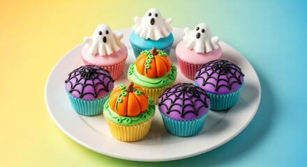 Close up of Halloween cupcakes with ghost, pumpkin, and spiderweb fondant
