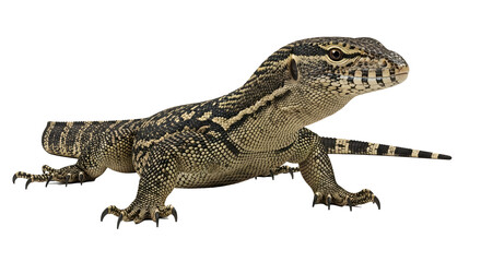 Obraz premium Asian Water Monitor: A detailed portrait of an Asian water monitor, showcasing its textured scales, alert eyes, and unique patterns, all presented with pristine clarity. 