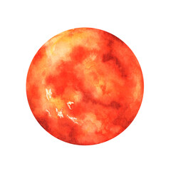 Mars planet watercolor illustration. Planet illustration. Solar system. Universe, space, galaxy, planet. Atlas. Astronomy, science. Celestial body. Isolated illustration. For print 
