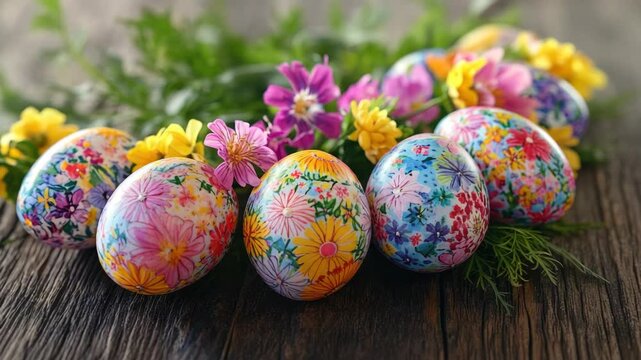 A collection of colorful, hand-decorated Easter eggs adorned with floral patterns, in a traditional basket.