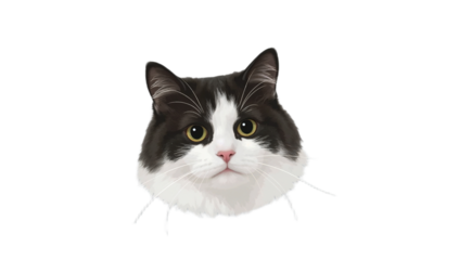 Portrait of a charming black and white cat with bright yellow eyes, digital illustration