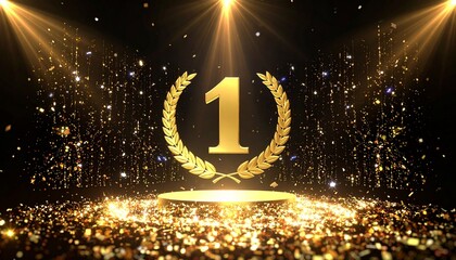 Number One Gold Stage Background with Laurels and Glitter　黒背景に、優勝・No.1の金色の月桂冠の浮かぶステージ　デジタルイラスト