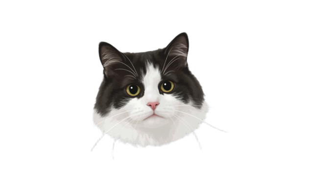 Portrait of a charming black and white cat with bright yellow eyes, digital illustration