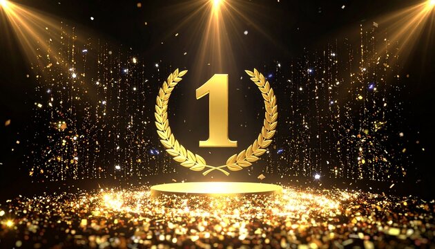 Number One Gold Stage Background with Laurels and Glitter　黒背景に、優勝・No.1の金色の月桂冠の浮かぶステージ　デジタルイラスト
