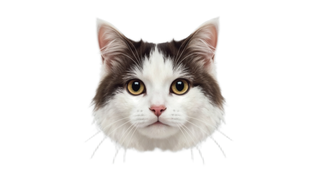 Adorable Cat Face Illustration with Detailed Fur and Bright Yellow Eyes on Clean White Background