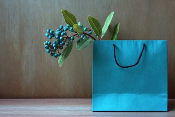 A vibrant teal shopping bag sits on a light wooden surface, beautifully complemented by a cluster of deep blue berries and foliage.