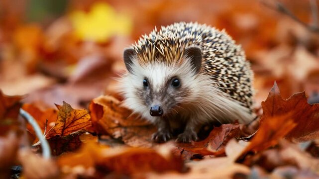Autumnal hedgehog nestled in leaves.