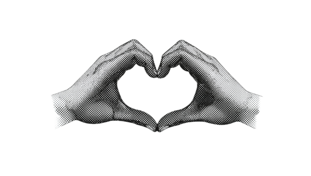 Close-up of a pair of hands forming a heart shape against a white background, symbolizing love and connection