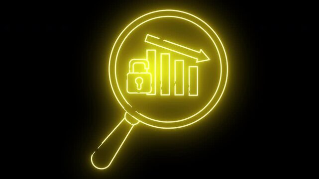 A neon yellow padlock graph with a descending arrow and magnifying glass on a black background