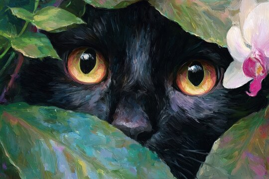 Intriguing close-up of a black cat peering from behind lush foliage and blossoms, showcasing detailed textures and vibrant colors.