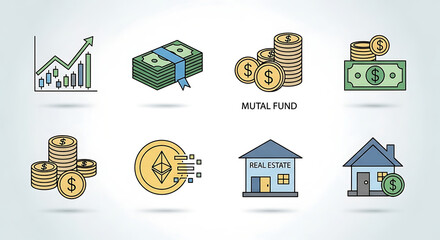 Financial Icons representing investments, cryptocurrency, and real estate