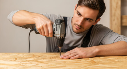 Focused young man carefully drills hole in wooden board on workbench at home workshop, engaging in do it yourself carpentry task with concentration and precision