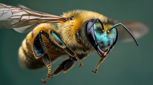 Male bumblebee in mid-flight against a dark green backdrop.
