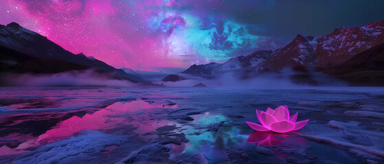 Magical glowing lotus under neon galaxy sky in surreal mountain landscape. Dreamlike cosmic scene full of mystery and wonder. Perfect for branding, fantasy ads, and inspirational visuals.