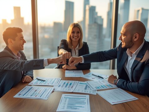 Three businesspeople are giving each other a high-five across a table covered in documents, with a cityscape visible in the background.